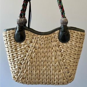 Brighton Straw Bag Rainbow Leather Braided Handles Silver Bead Accents